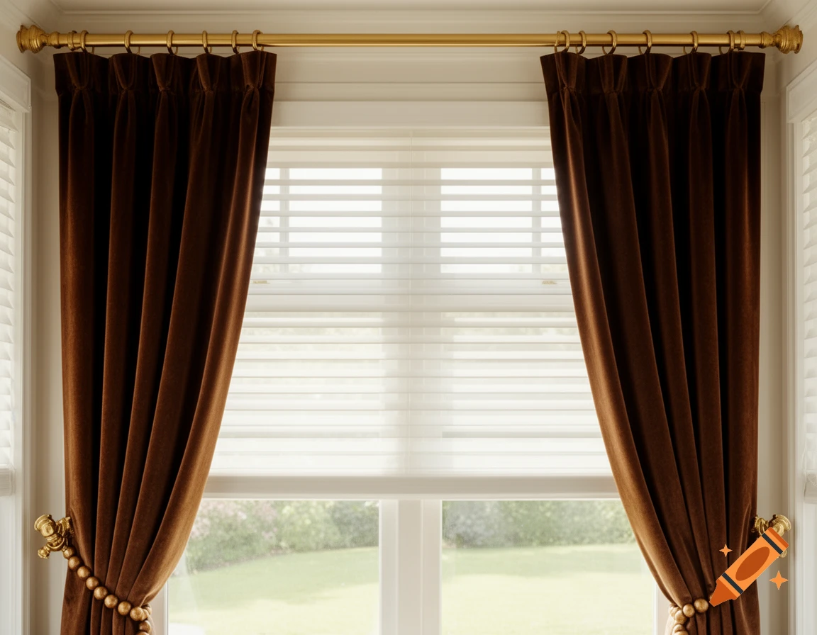 Dark brown velvet curtains with gold rods and beaded tie-backs frame a window with white horizontal blinds, looking out onto a green lawn.