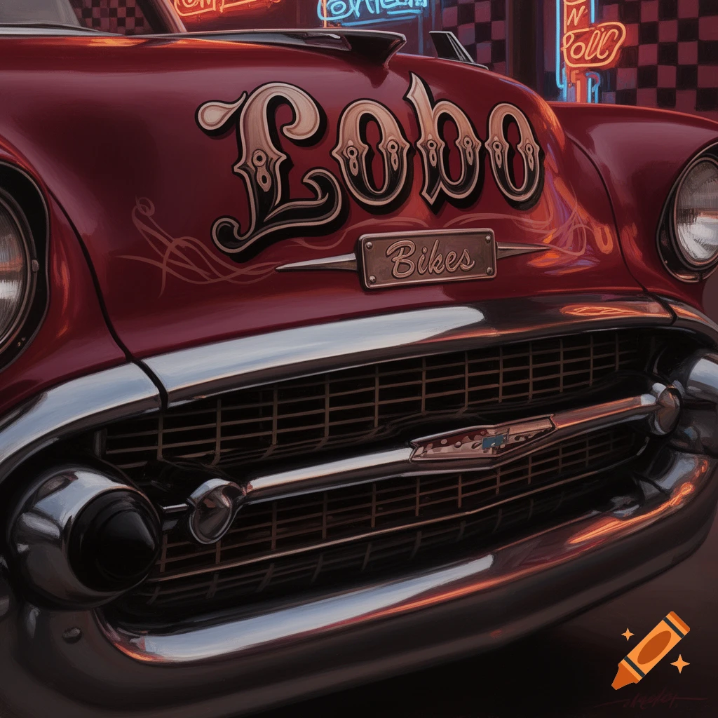 Red vintage car with 'LOBO Bikes' on its hood, a shiny chrome grille, and blurred neon signs in a rockabilly style.