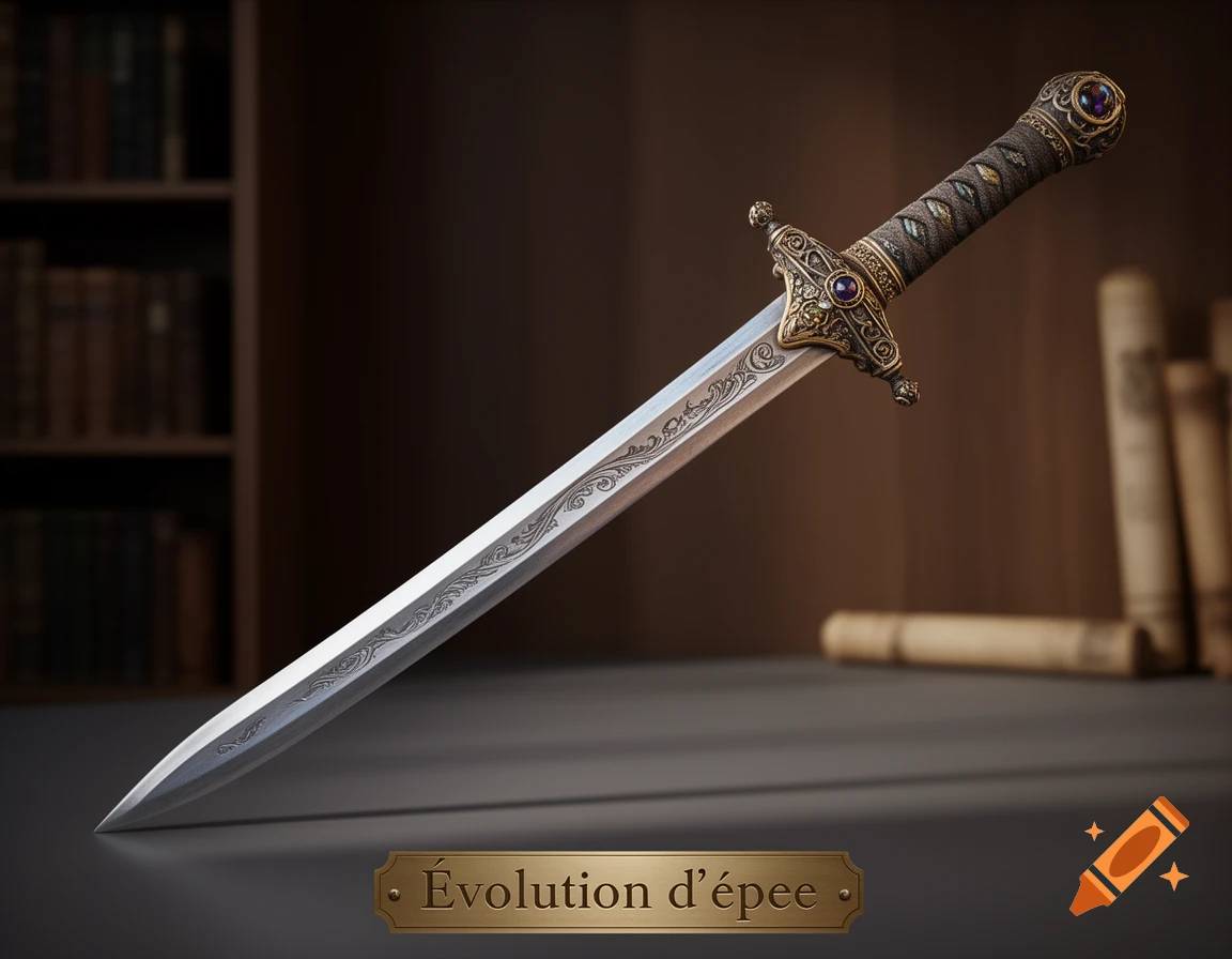 A close-up of an ornate medieval fantasy sword with a gold and jeweled hilt and an engraved blade, resting on a dark table in front of a bookshelf. A golden plaque on the table reads "Évolution d'épée".