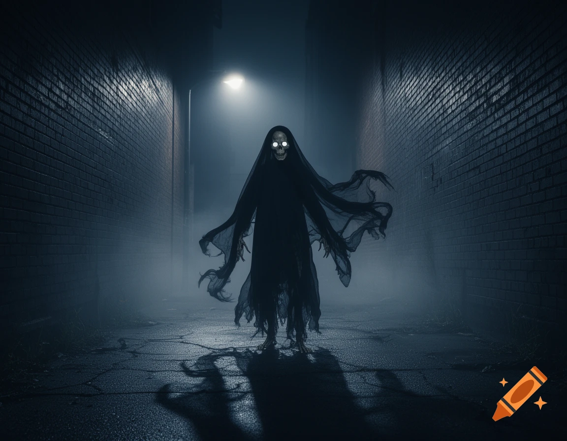 A dark, shrouded skeletal figure with glowing white eyes stands in a misty, dimly lit alleyway, illuminated by a streetlamp.