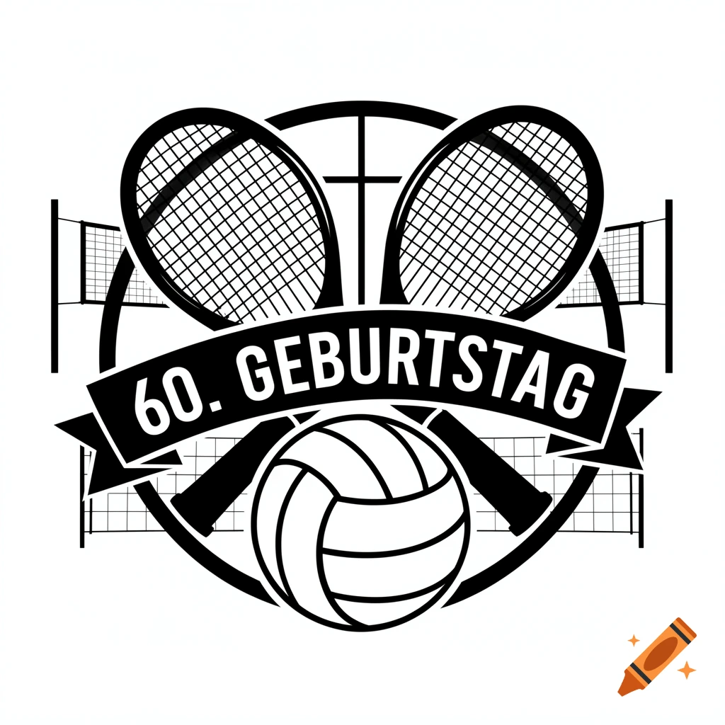Black and white graphic logo for a 60th birthday, featuring tennis rackets, a volleyball, and sports nets.