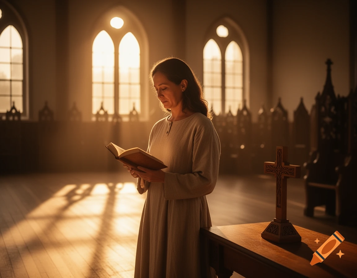 A woman in a simple gown reads a book in a sunlit church, with a wooden cross on a table in the foreground.