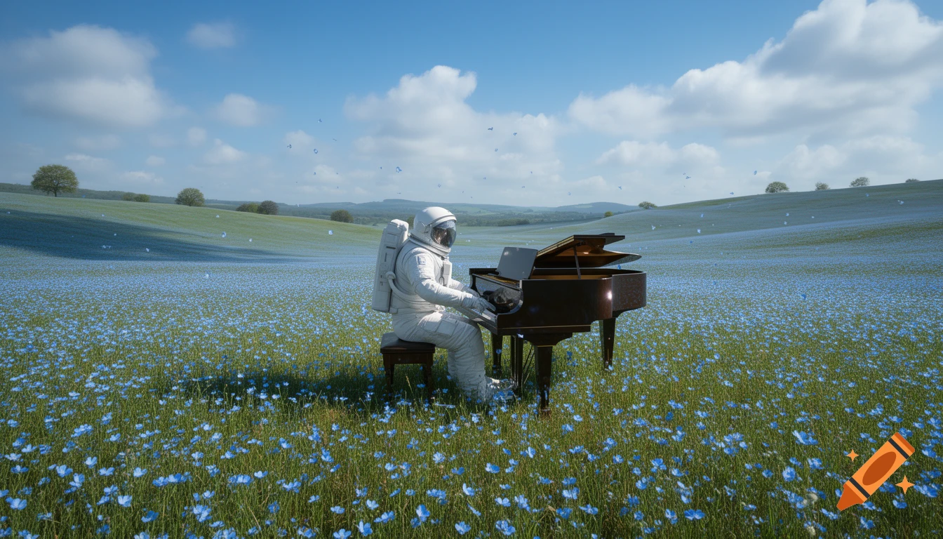 An astronaut plays a grand piano amidst a vast field of small blue flowers under a bright blue sky.