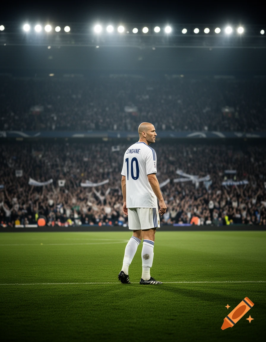 A bald soccer player with 'ZINDANE 10' on his jersey stands on a green field in a stadium, looking right. Photorealistic.