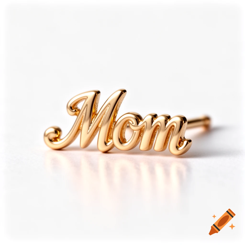 Close-up of a shiny gold earring spelling out 'Mom' in elegant script, against a white background.