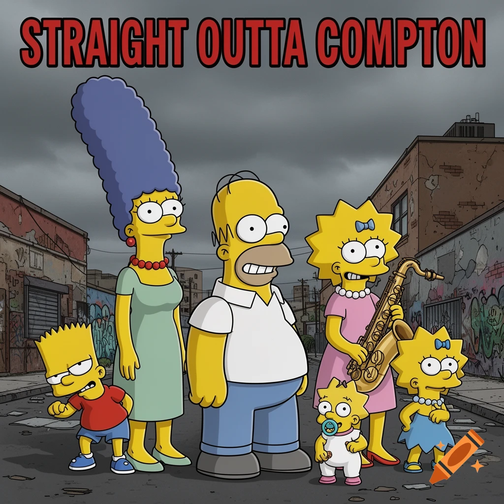 The Simpson family poses on a gritty urban street with graffiti, under a dark sky, with 'STRAIGHT OUTTA COMPTON' text above them.