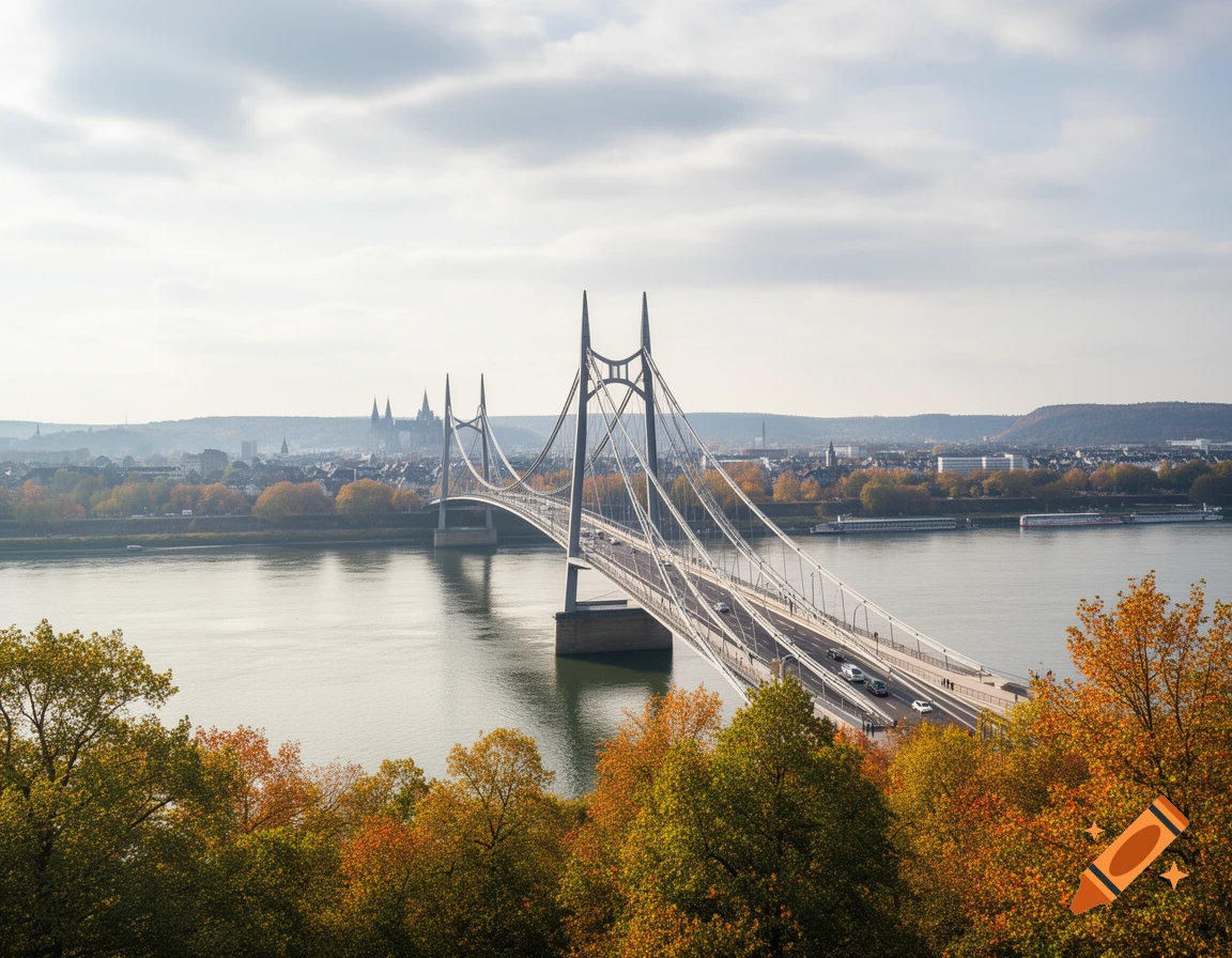 Photorealistic view of a suspension bridge over a wide river with a distant city skyline and colorful autumn trees.