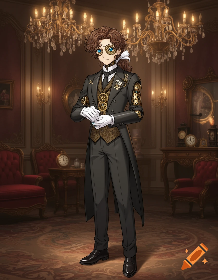 Anime-style steampunk automaton in a Victorian suit, white gloves, and gear-filled eyes, standing in an ornate room with chandeliers and red furniture.