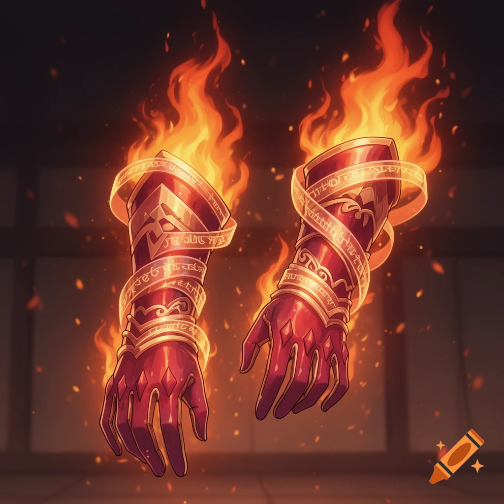 Two fiery red magic gauntlets with glowing runes float against a dark background in an anime style.