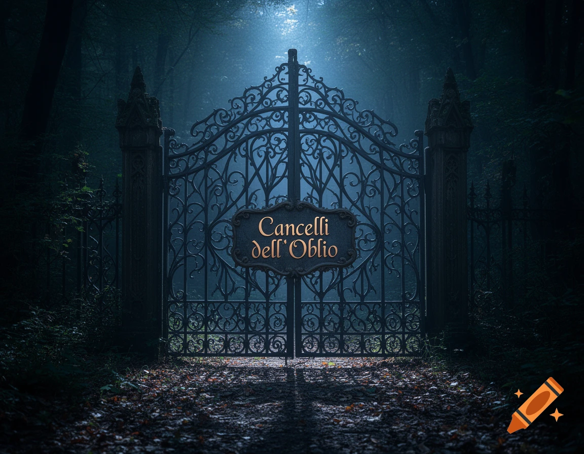 A dark, ornate iron gate with a sign reading 'Cancelli dell'Oblio' stands in a misty, moonlit forest path.