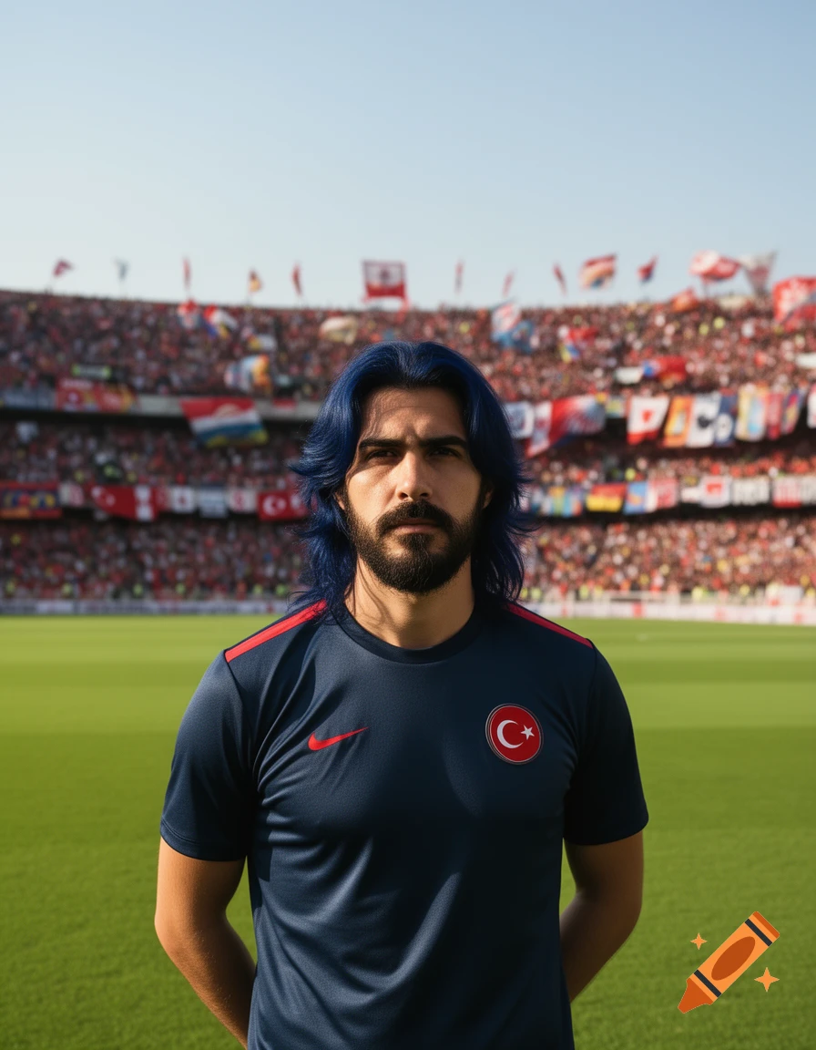 A man with dark blue hair and a beard, wearing a dark blue soccer jersey with the Turkish flag emblem, stands on a green field in a crowded stadium.