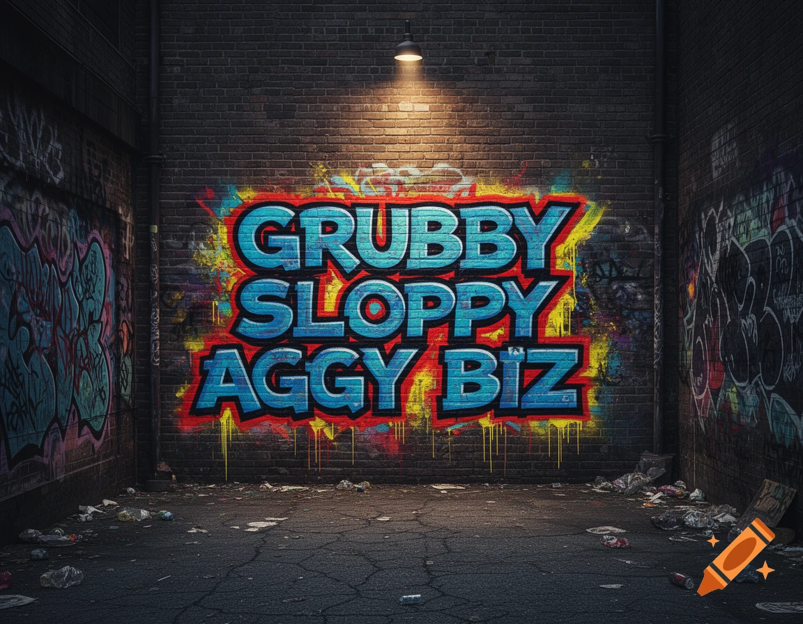 Graffiti art spelling 'GRUBBY SLOPPY AGGY BIZ' on a brick wall in a dirty urban alley under a spotlight.