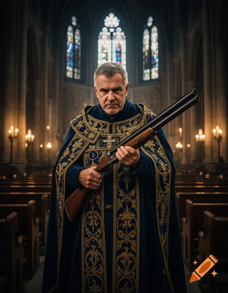 A stern man in ornate blue and gold robes holds a double-barreled shotgun in a dark, gothic church.