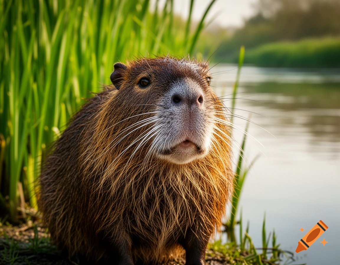 A photorealistic close-up of a brown nutria with long white whiskers by a river, surrounded by green reeds.