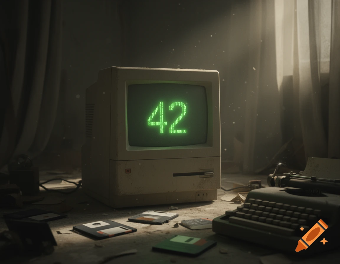 An old-fashioned computer displaying '42' on a glowing green screen, surrounded by floppy disks and a typewriter in a dusty room.