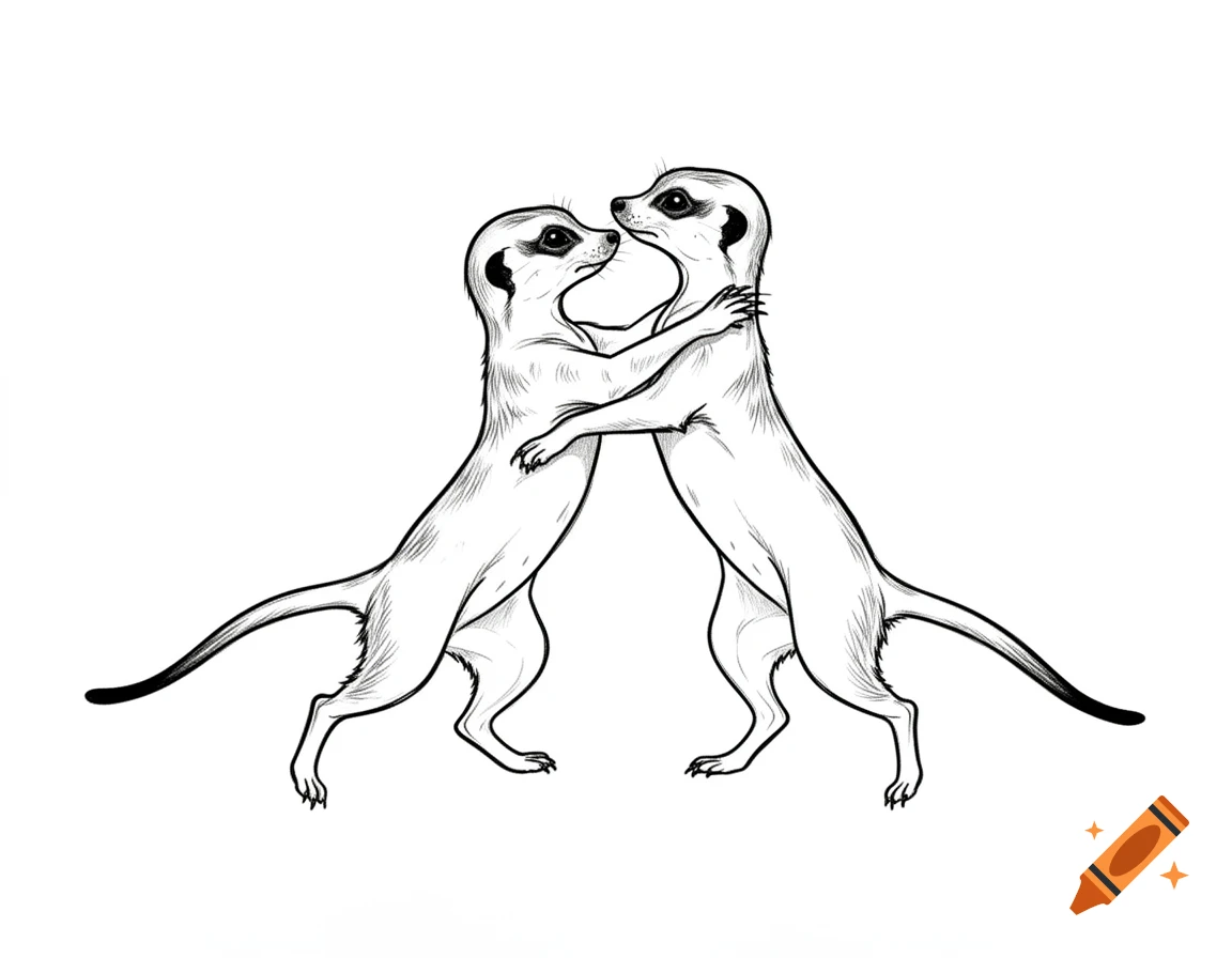 A black and white line drawing of two meerkats standing upright and embracing, appearing to wrestle or play.