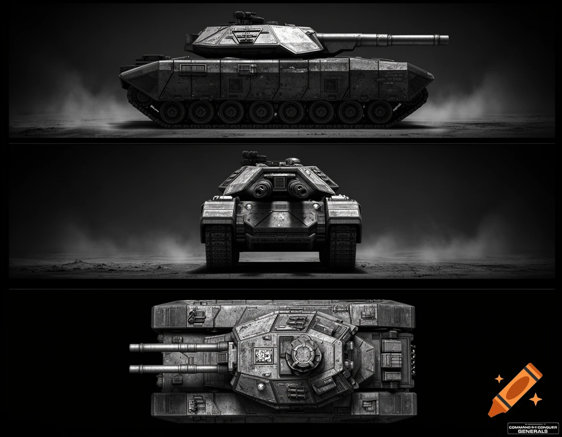 Three detailed, grayscale views (side, front, top) of a futuristic tank, inspired by Command and Conquer Generals.
