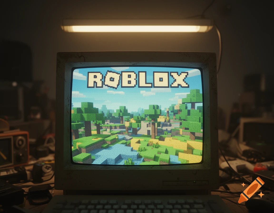 An old, dirty CRT monitor displays a pixelated Roblox game scene with the logo "ROBLOX" at the top, illuminated by a fluorescent light.