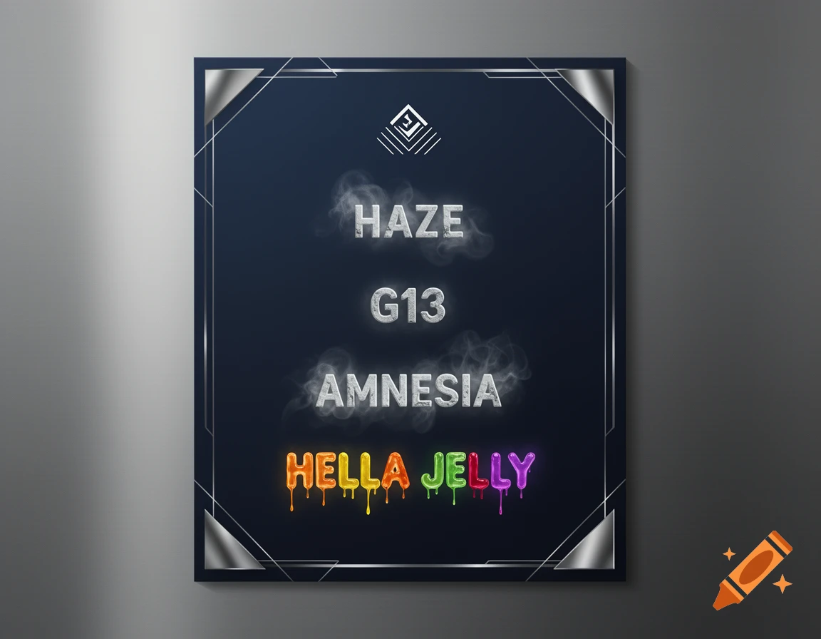 A dark blue menu card with a silver frame and corner details, featuring smoky silver text for HAZE, G13, AMNESIA, and colorful dripping text for HELLA JELLY.