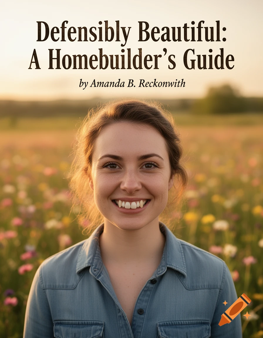 A book cover features a smiling woman in a denim shirt, standing in a sunny field of wildflowers. Text reads "Defensibly Beautiful: A Homebuilder's Guide by Amanda B. Reckonwith".