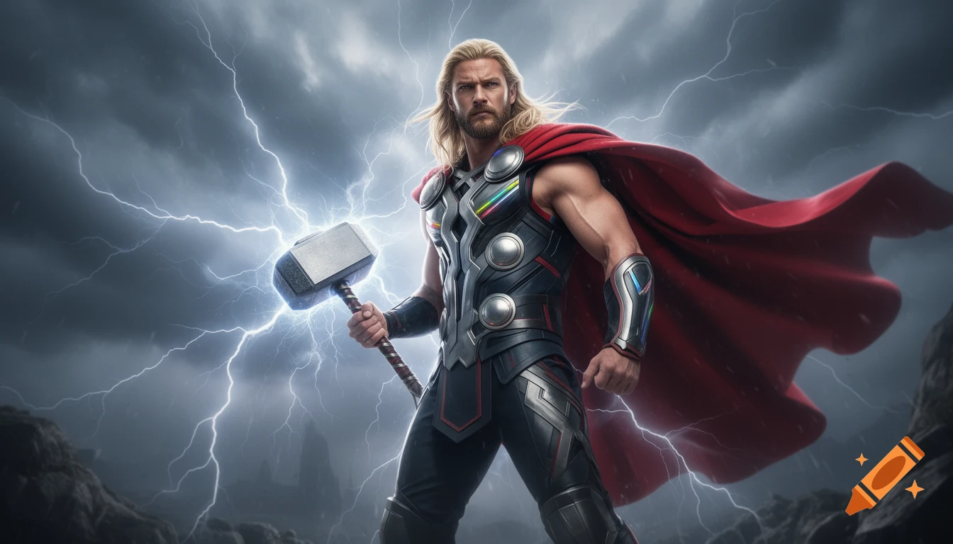 Thor, the superhero, with long blonde hair and a red cape, holds his glowing hammer Mjolnir against a stormy, lightning-filled sky.