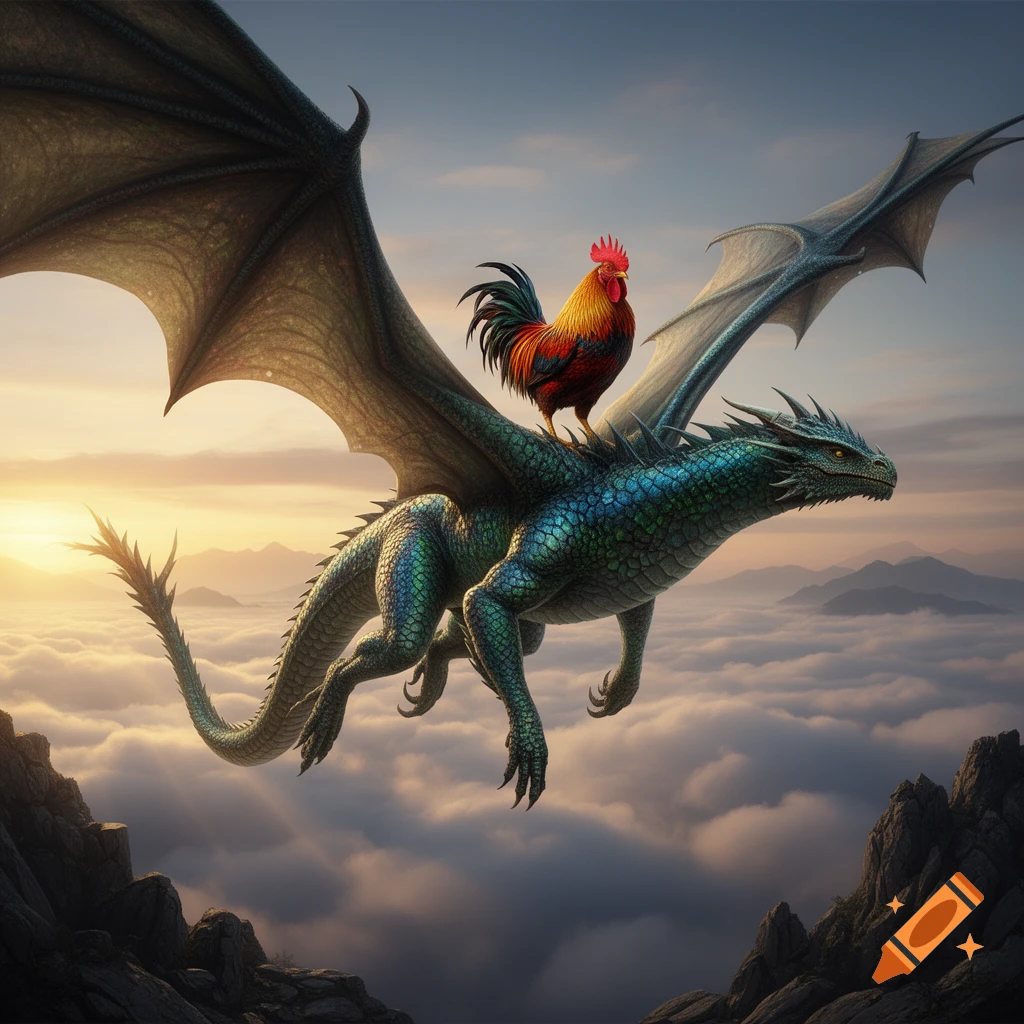 A green-scaled dragon with a colorful rooster on its back flies majestically above clouds at sunset.