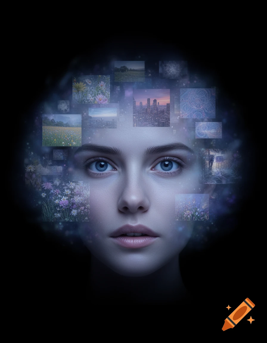 A photorealistic digital portrait of a woman's face in darkness, with glowing images of diverse scenes floating around her head.