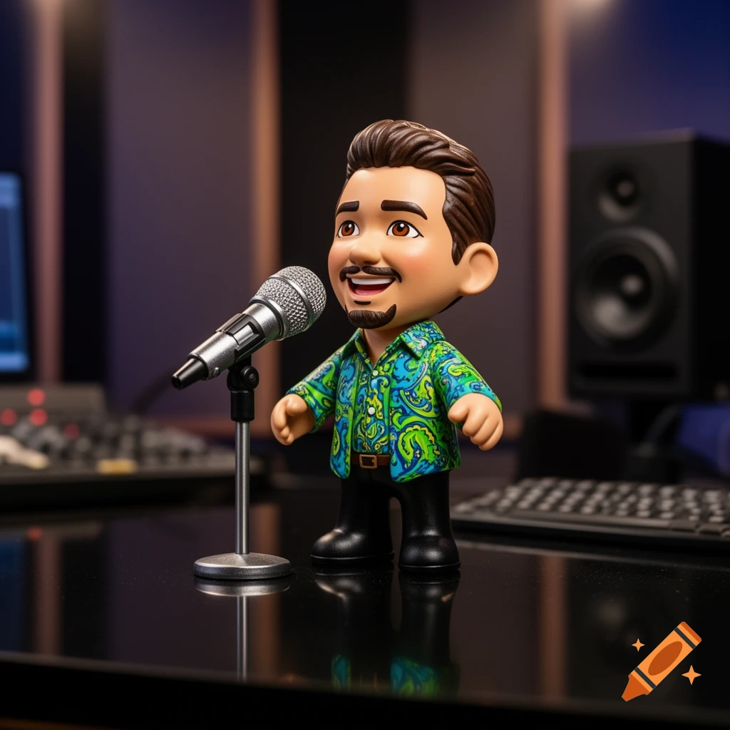 Cartoon figurine of a man with a mustache and goatee in a patterned shirt, singing into a microphone in a recording studio.