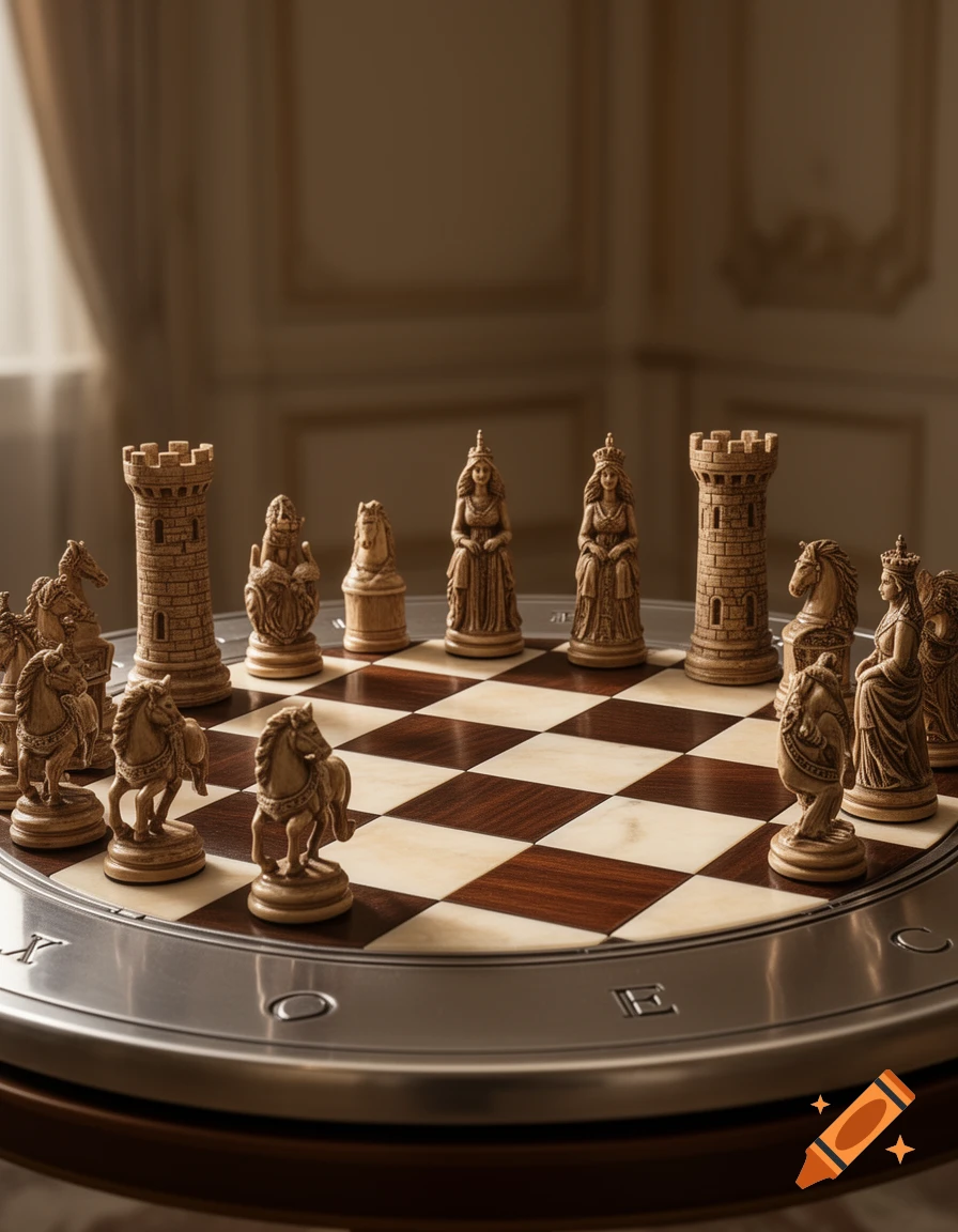 A round, ornate chessboard with dark and light squares features intricately carved, realistic chess pieces, set against a blurred indoor background.