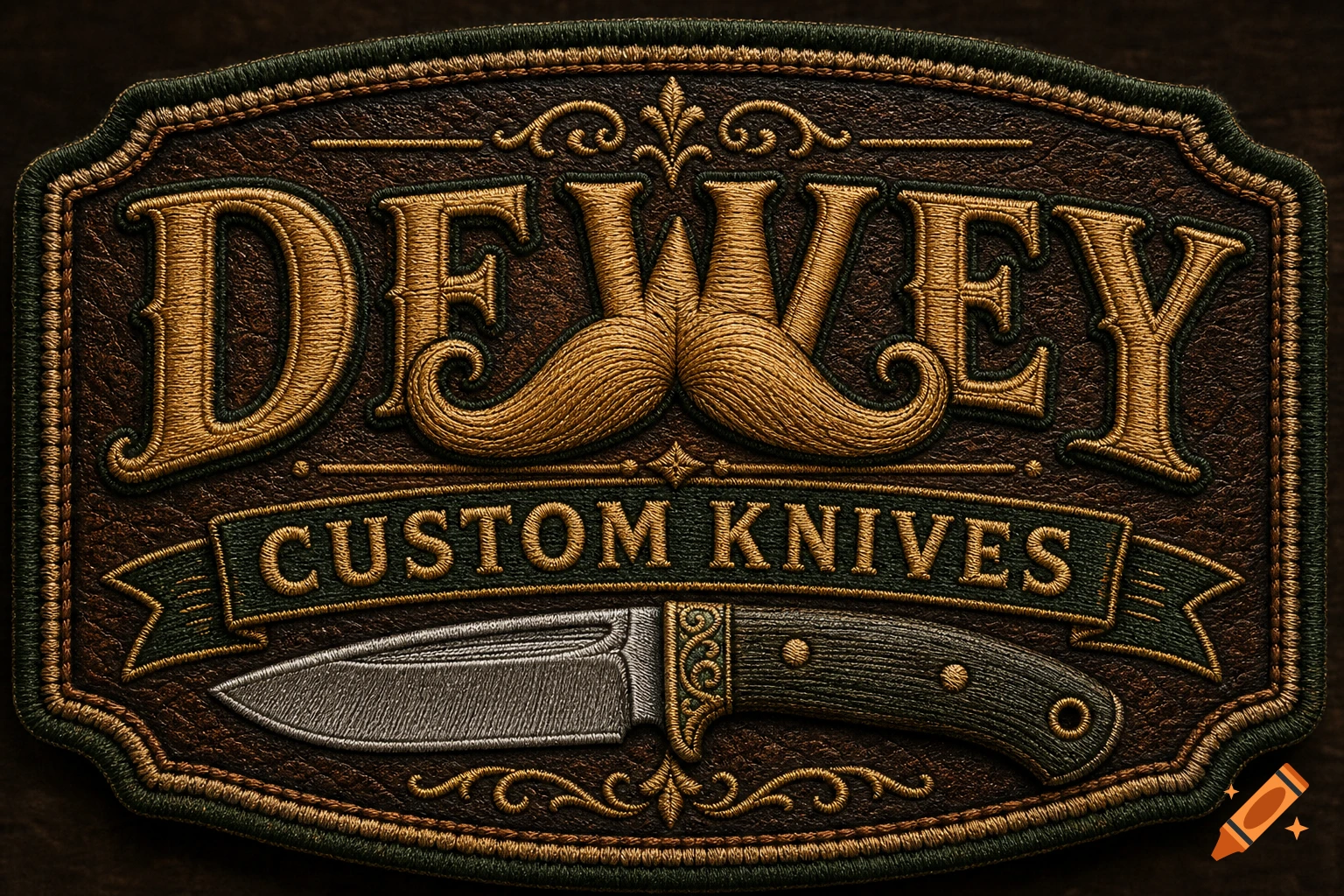 Embroidered leather patch for 'Dewey Custom Knives' with the 'W' shaped like a handlebar mustache and a folding knife.