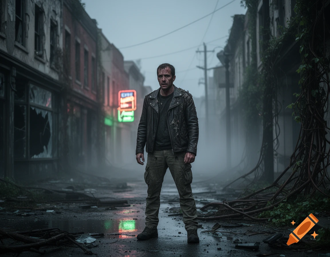 A weary survivor man stands in a desolate, foggy post-apocalyptic street with abandoned buildings and neon signs.