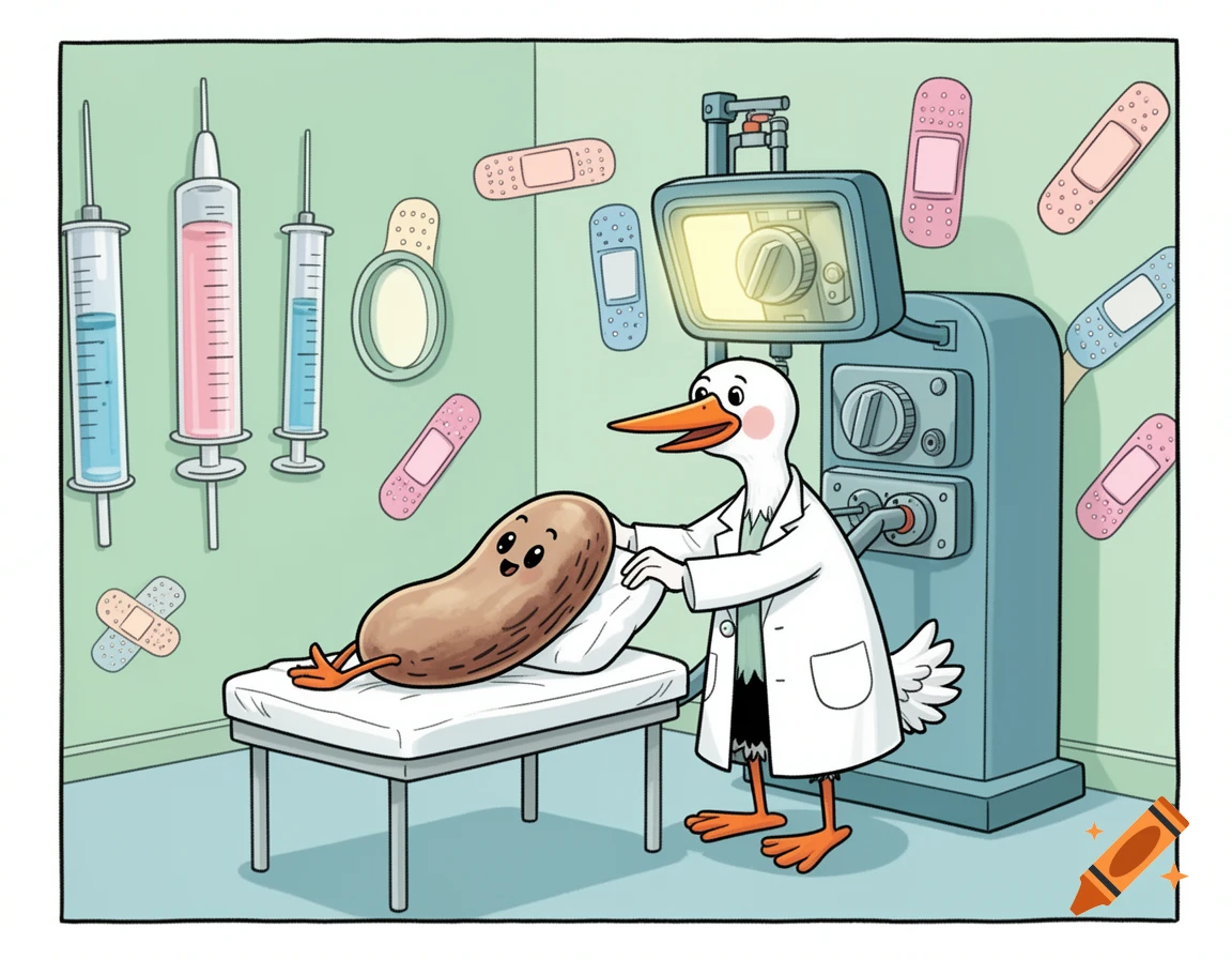 A cartoon duck-like doctor in a white coat examines a smiling potato-like patient on an examination table with medical equipment and band-aids.