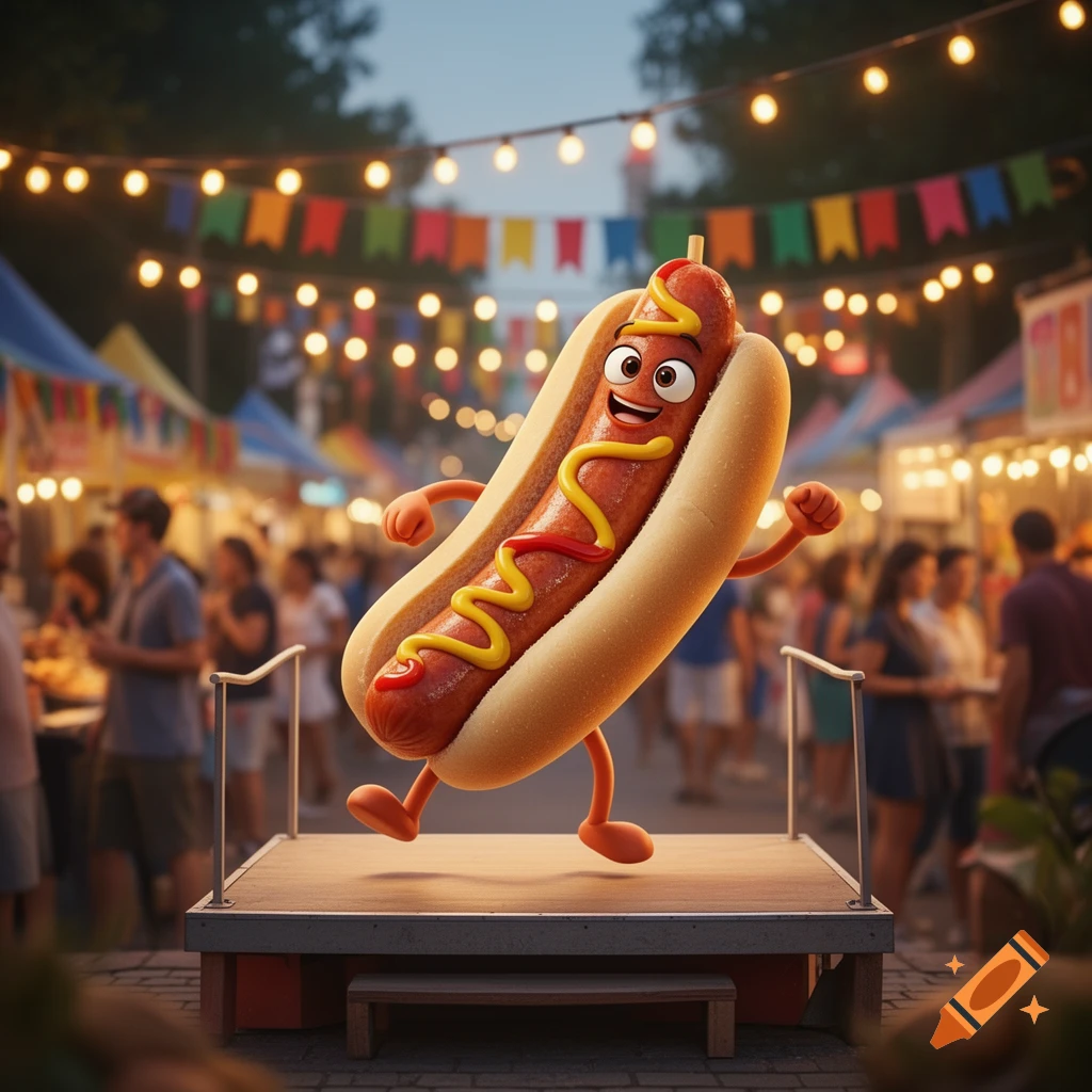 A cheerful cartoon hot dog with arms and legs dances on a stage at a lively outdoor fair with string lights and blurred crowds.