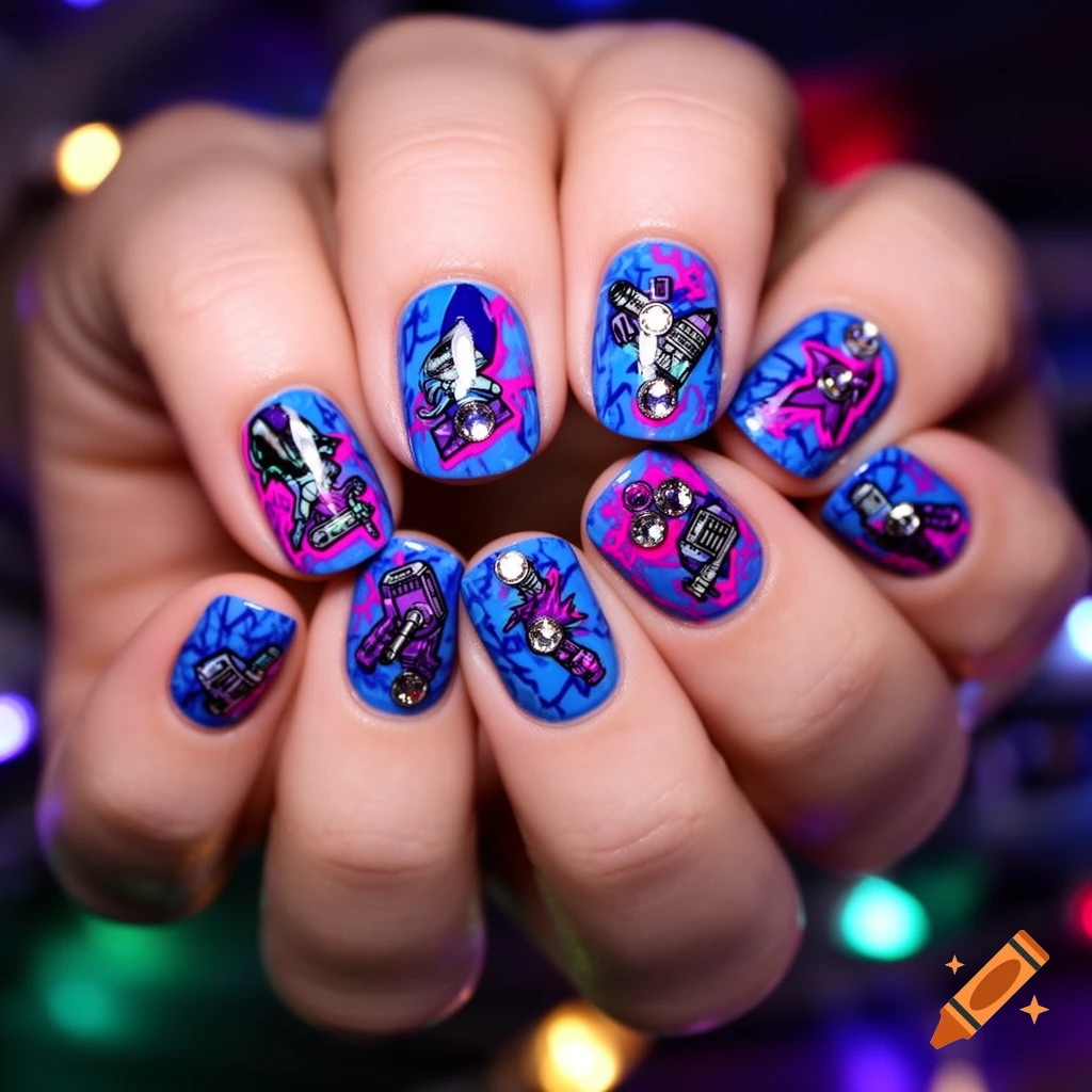 Close-up of a hand with vibrant blue and pink nail art featuring Jinx-inspired designs and rhinestones, with blurred colorful lights in the background.