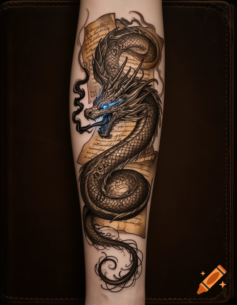 Detailed tattoo of a black and bronze dragon with glowing blue eyes, wrapped around ancient scrolls on a person's arm.