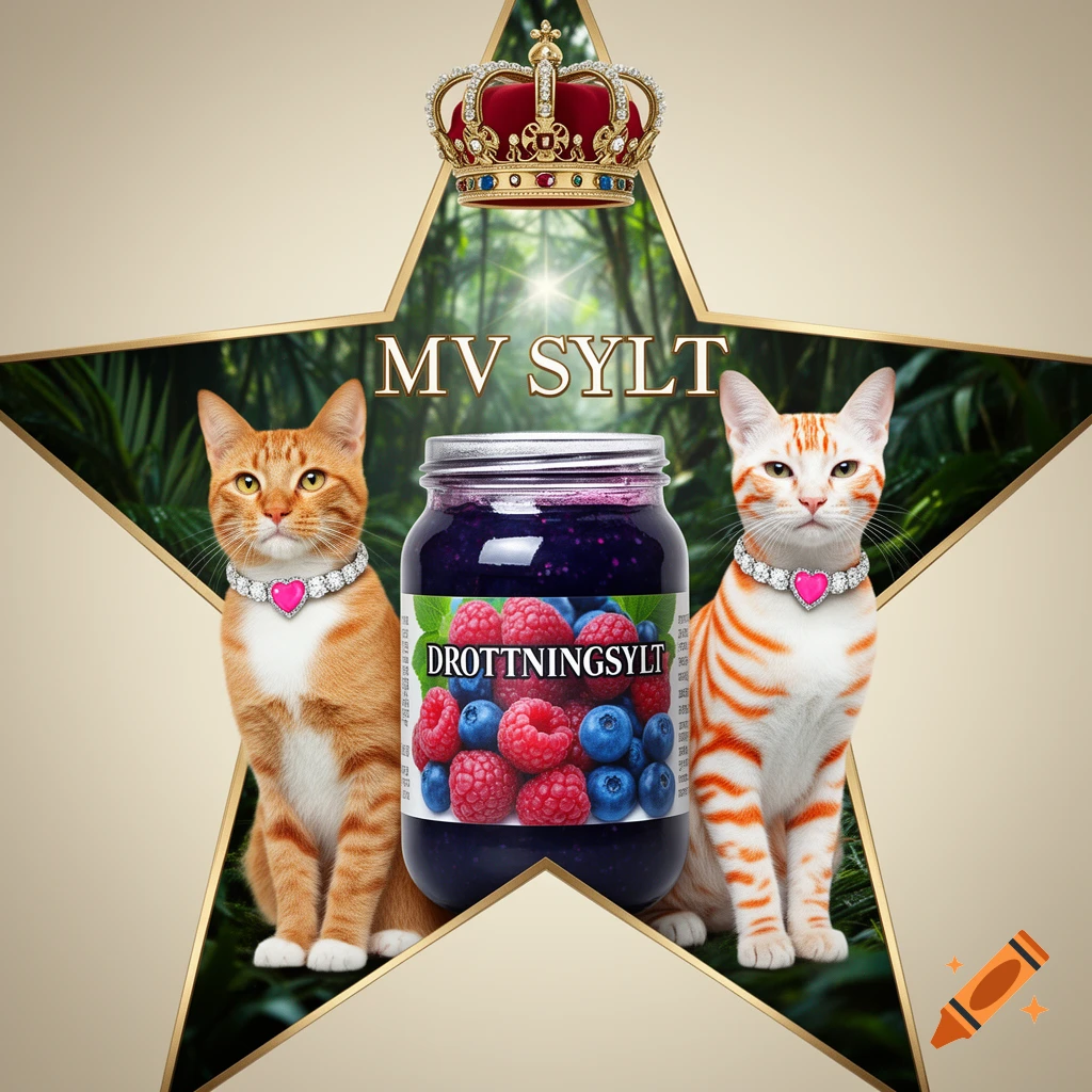 A star-shaped label features a jar of 'DROTTNINGSYLT' berry jam, flanked by an orange cat and a white cat with orange stripes, both wearing pink heart diamond collars. A crown rests above the text 'MV SYLT'.