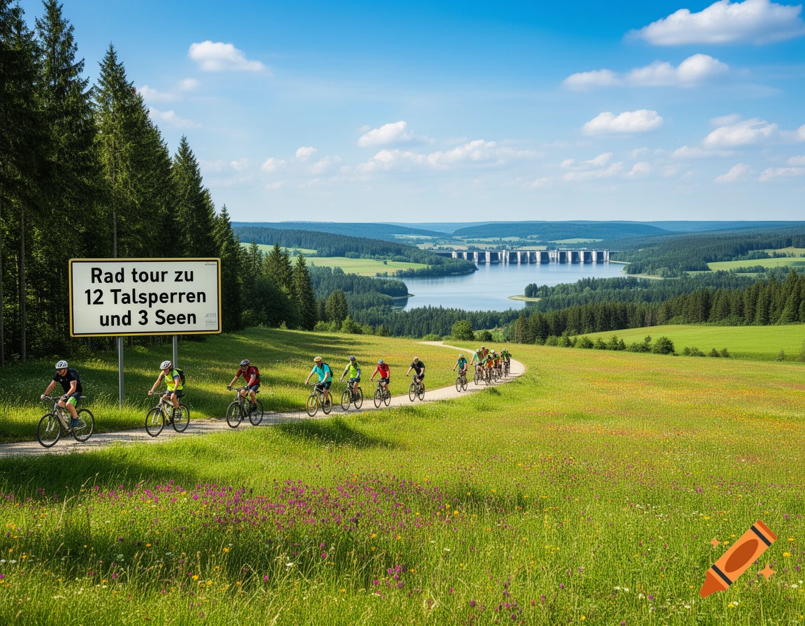 A group of cyclists rides on a winding dirt path through a vibrant green meadow with wildflowers, passing a sign. A large lake with a dam is visible in the background, surrounded by forests under a bright blue sky.