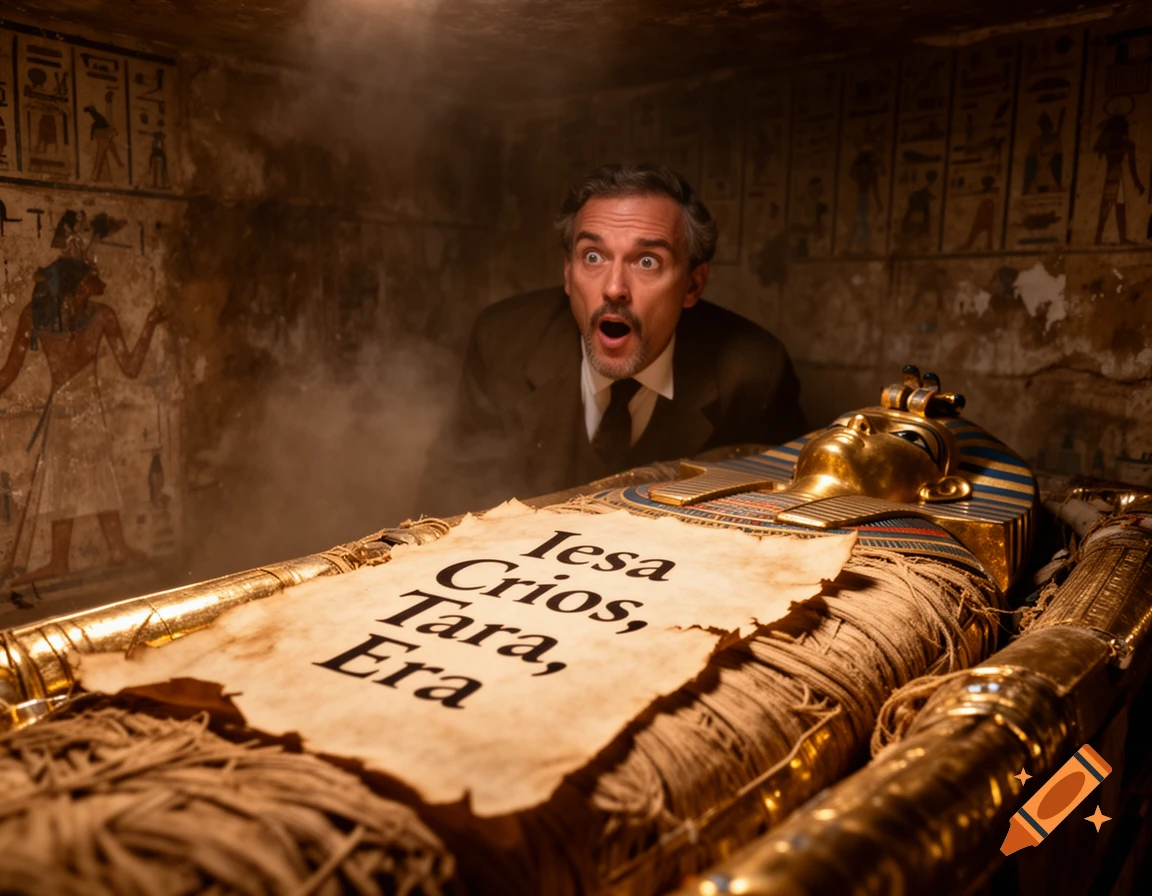 A man in a suit looks surprised peering over a golden sarcophagus with a mummy and a parchment reading "Iesa Crios, Tara, Era" in an Egyptian tomb.