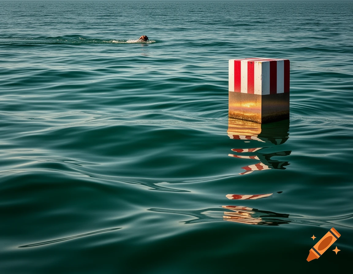 A swimmer in deep teal water near a red and white striped buoy, reflecting the sun in a hyper-realistic style.