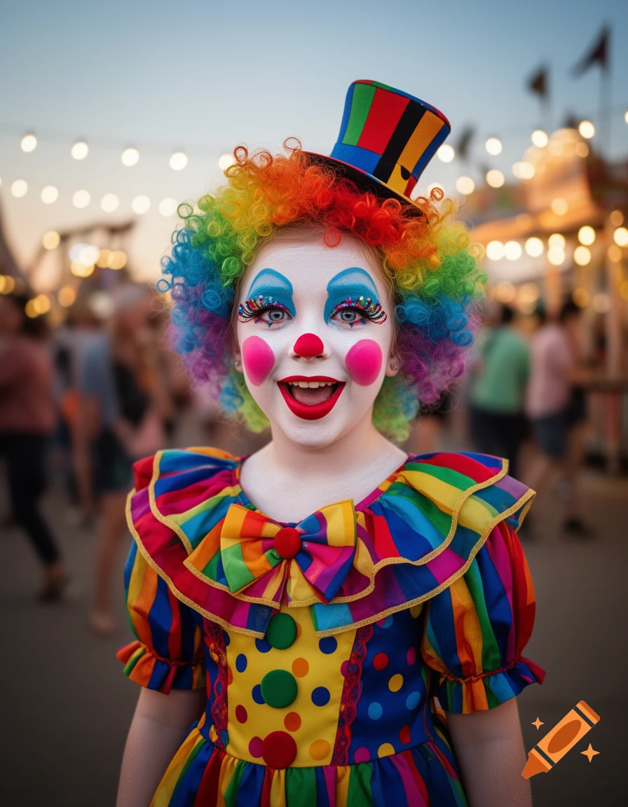 A child in a vibrant rainbow clown costume and makeup smiles at a festive carnival.