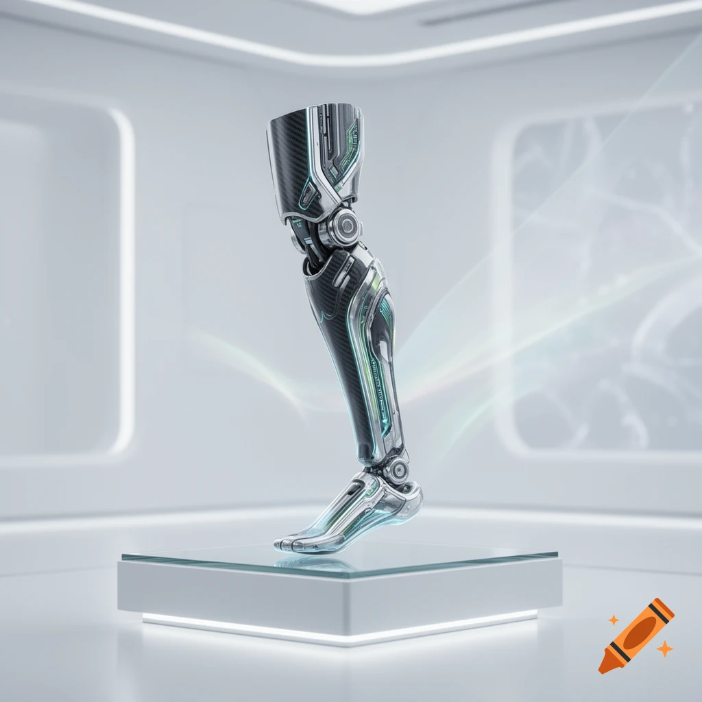A futuristic silver and carbon fiber prosthetic leg with green lights on a glass pedestal in a white, sterile room.