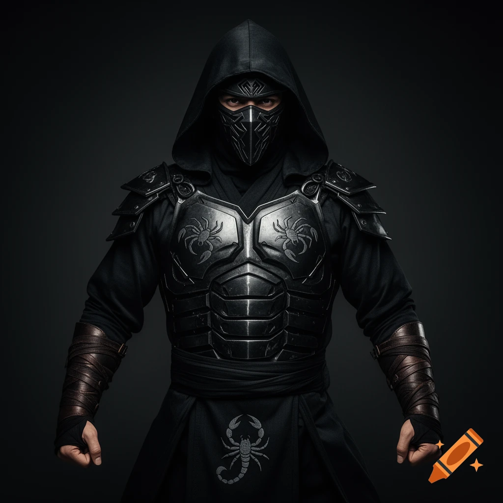 A front-facing photorealistic image of a ninja in a black hooded outfit with metallic scorpion-emblazoned chest armor and leather arm wraps.
