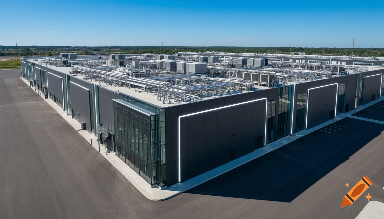 Aerial view of a modern dark gray data center with a complex rooftop infrastructure under a clear blue sky.