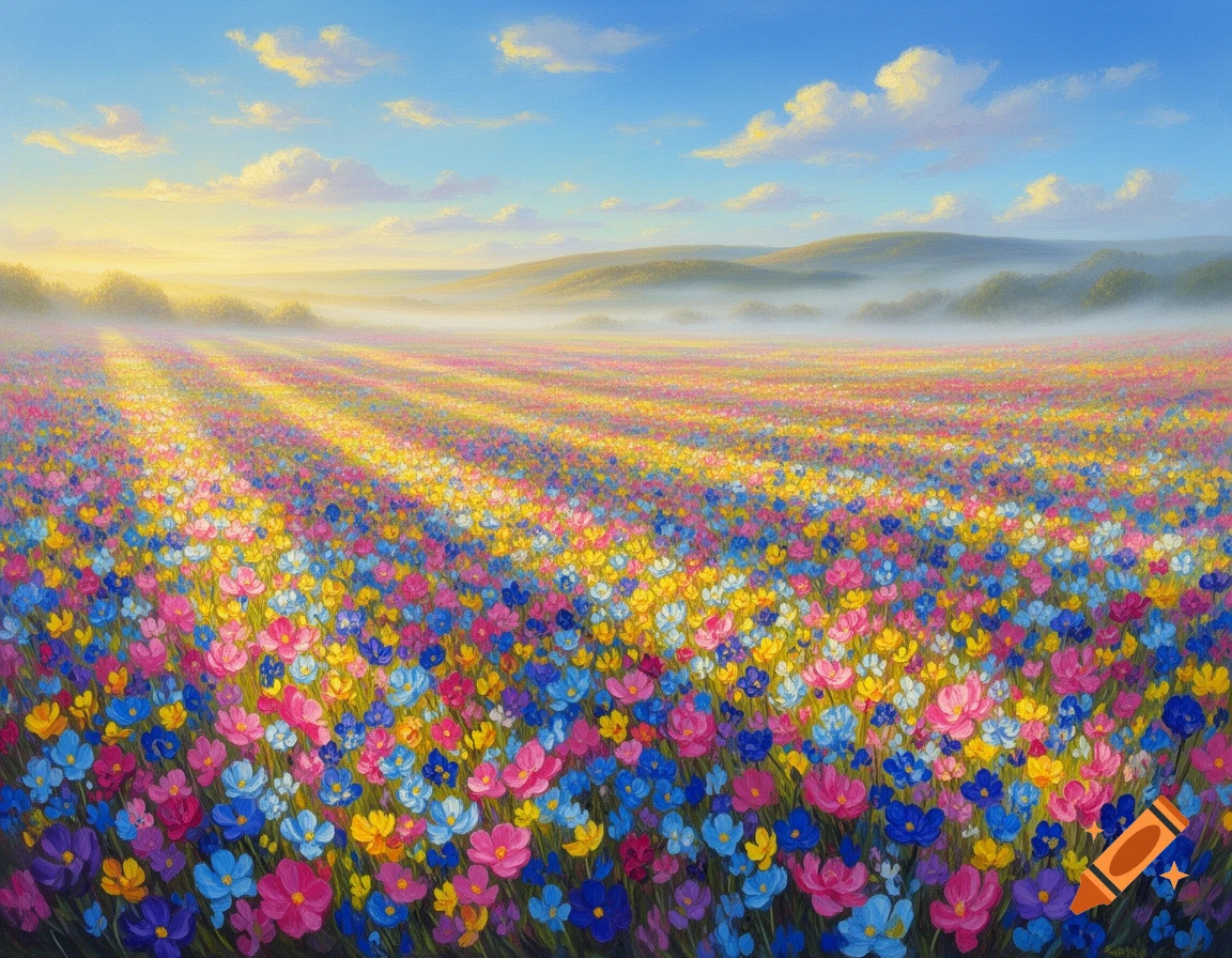 A vibrant painting of a flower field with pink, blue, yellow, and purple blooms under a bright sky with sun rays and mist.