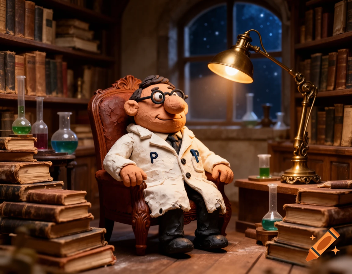 A claymation scientist in a lab coat with a 'P' on the pocket, seated in a library with old books, beakers, and a desk lamp, under a starry window.