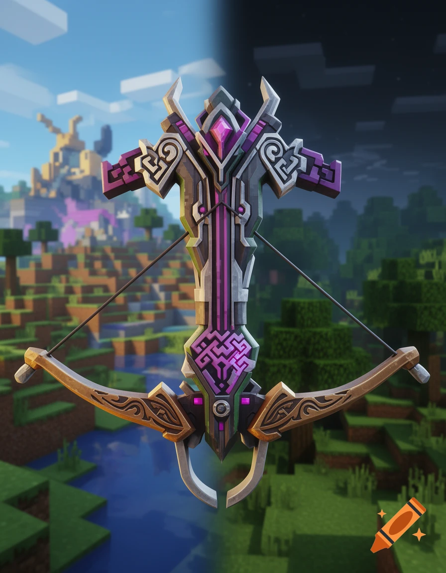 An ornate fantasy crossbow with purple accents against a Minecraft-style landscape with a river and a split day-night sky.