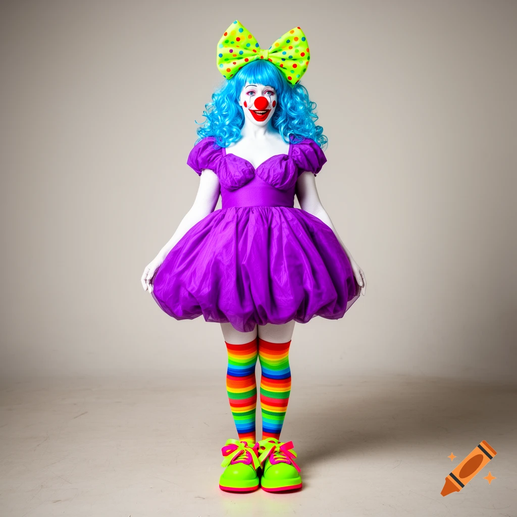 A colorful clown woman with a white face and body, a blue wig, polka-dotted bow, puffy purple dress, rainbow socks, and neon green shoes.