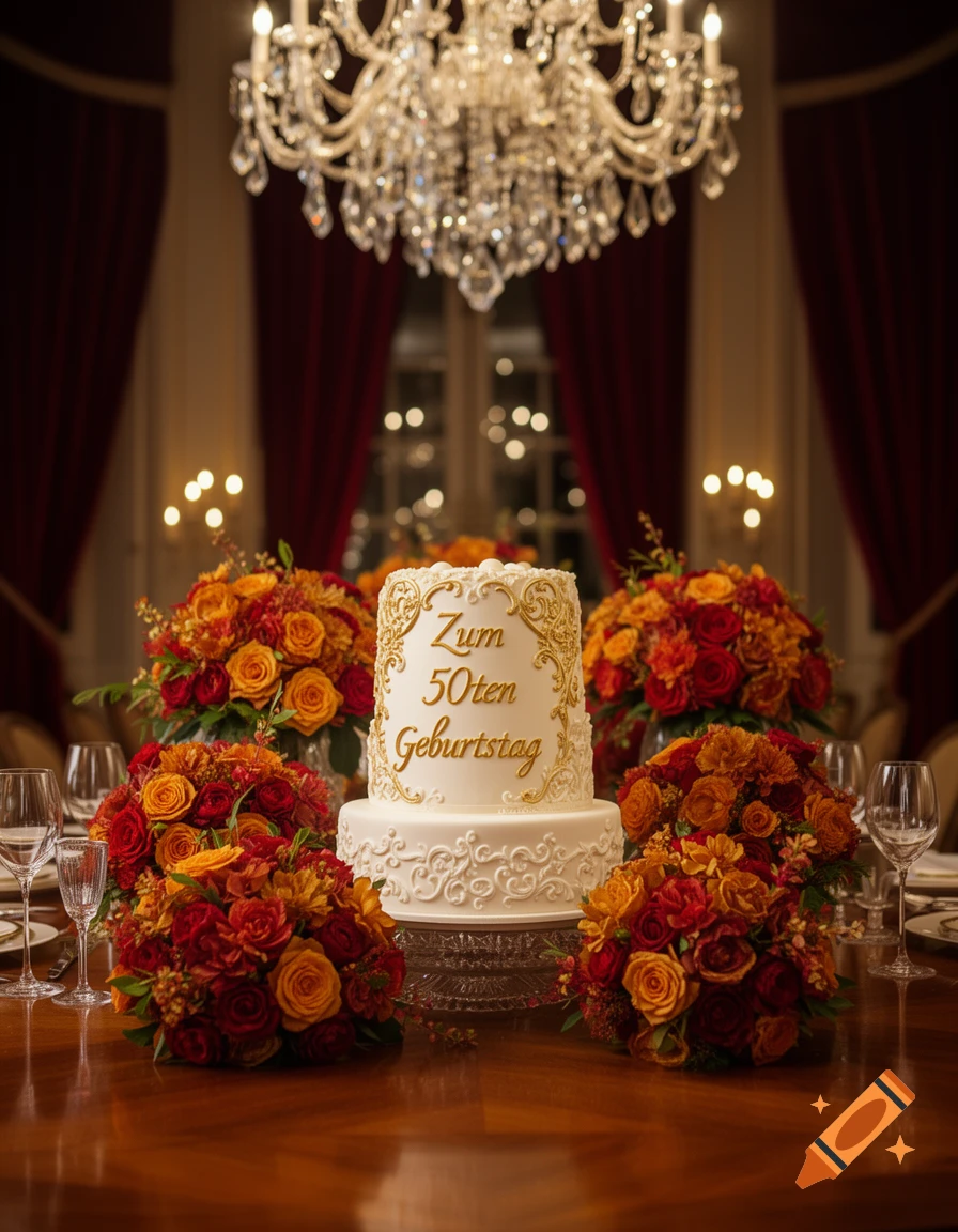 Two-tiered white cake with gold 'Zum 50ten Geburtstag' text, surrounded by red and orange flowers on a polished table under a chandelier.