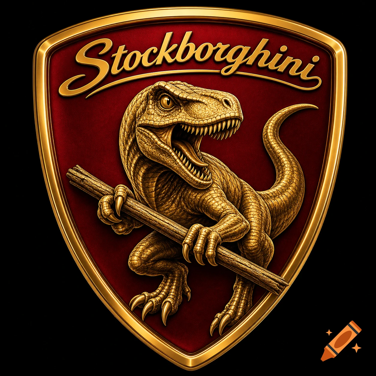 A golden raptor dinosaur holding a stick on a red and gold shield emblem with 'Stockborghini' text.