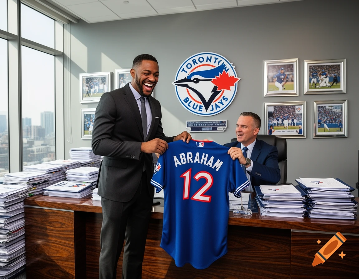 Two men in suits, one holding a blue Toronto Blue Jays jersey with 'Abraham 12' on it, in a modern office.